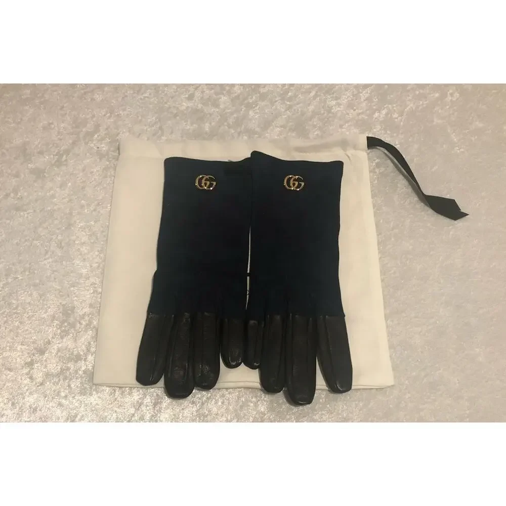 NWT Gucci Viola Blue Suede & Black Leather Marmont Logo Gloves Sz 7.5/M $630.00